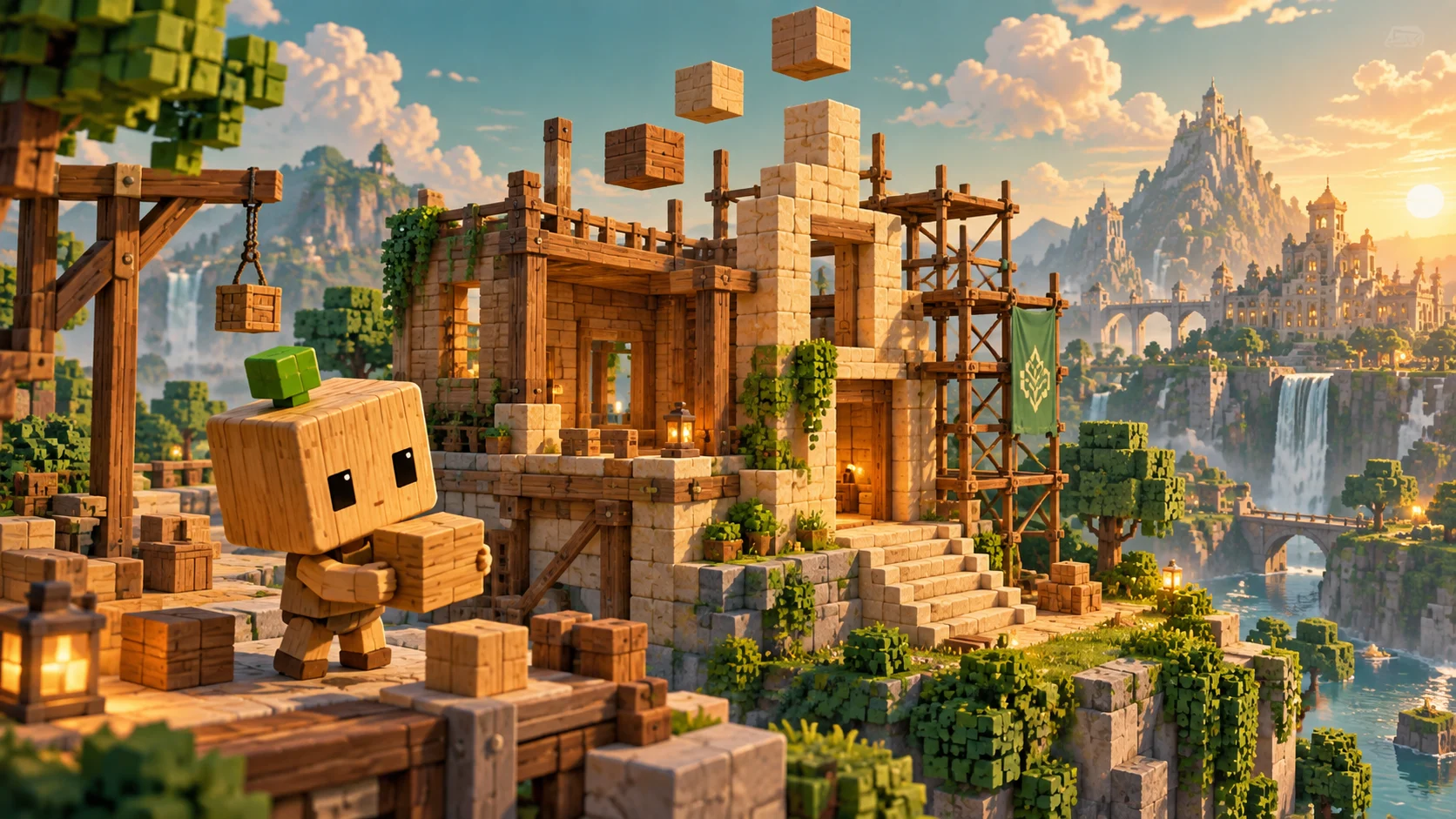 BLOKAI wooden cube character beside a voxel building under construction