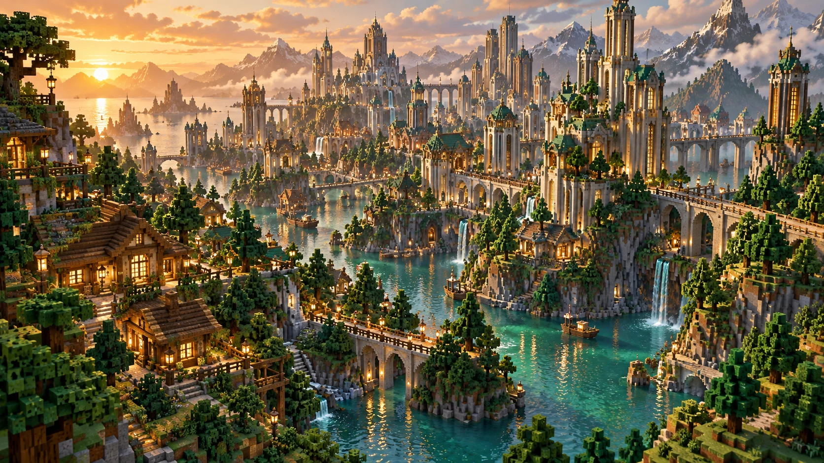 Concept illustration of a voxel city at golden hour