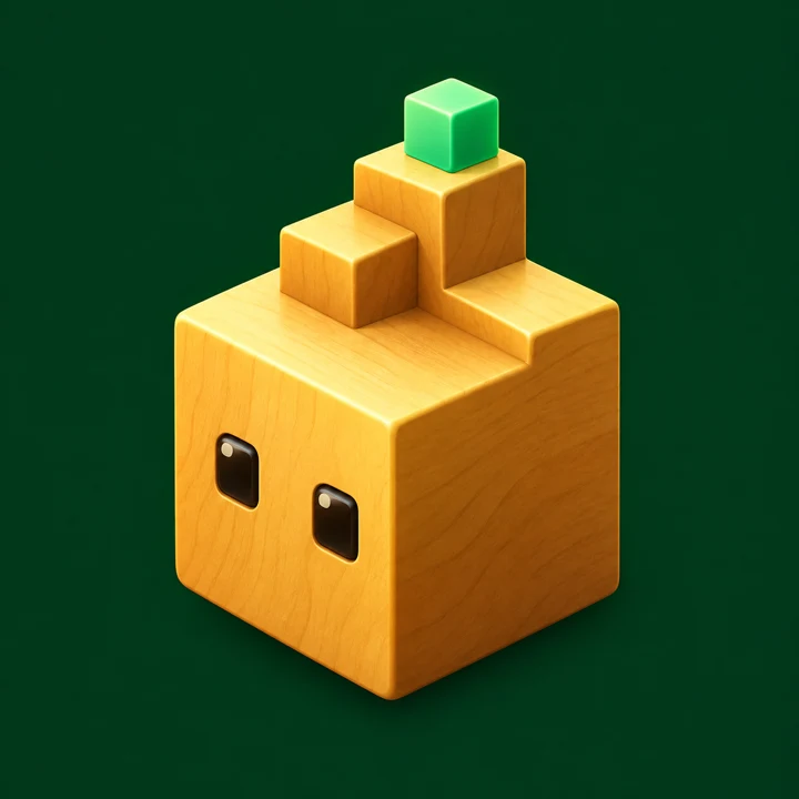 BLOKAI, a wooden cube character with a growing skyline and a green block on top